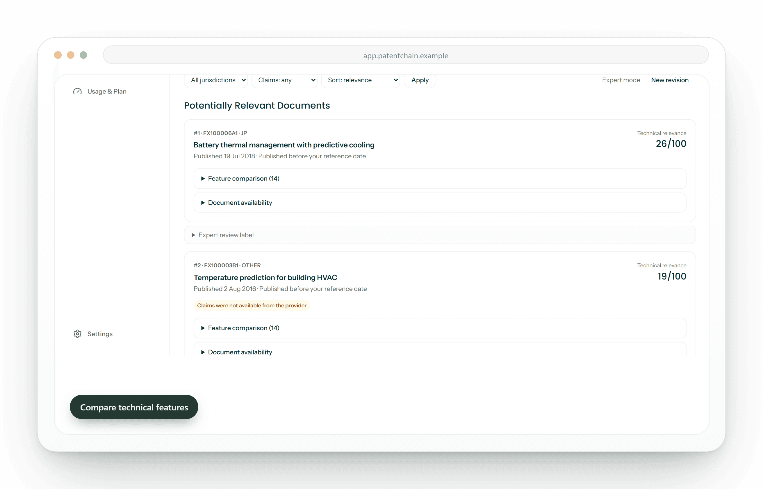 PatentChain feature coverage matrix mapping an invention's technical features to retrieved patent candidates, with per-feature evidence states